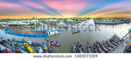 Panoramic view of floating market in the morning in the Mekong Delta Soc Trang, Vietnam Royalty-Free Stock Photo #1483073309