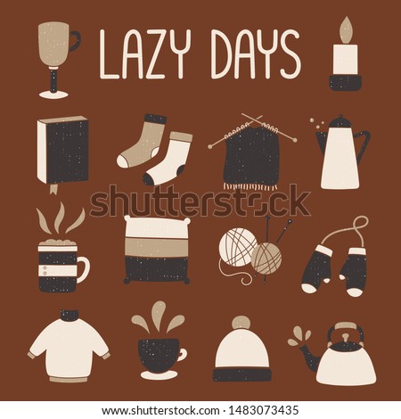 Collection of textured vector elements and hand drawn lettering Lazy days - Cozy atmosphere - Grey brown colors