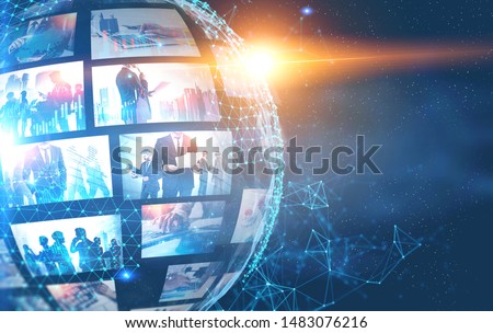 Abstract hi tech background with digital planet hologram and picture thumbnails. Concept of internet, communication and hi tech. Toned image double exposure Royalty-Free Stock Photo #1483076216