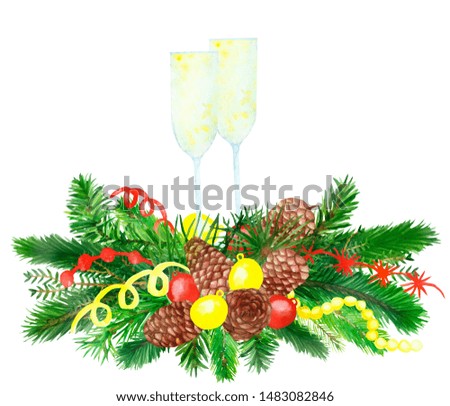 Watercolor hand painted Christmas composition with candle and candle holder, green spruce branches and brown cones, wine glasses with Shamansky and colorful Christmas decorations.