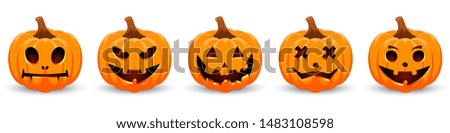 Set pumpkin on white background. The main symbol of the Happy Halloween holiday. Orange pumpkin with smile for your design for the holiday Halloween. Vector illustration. Royalty-Free Stock Photo #1483108598