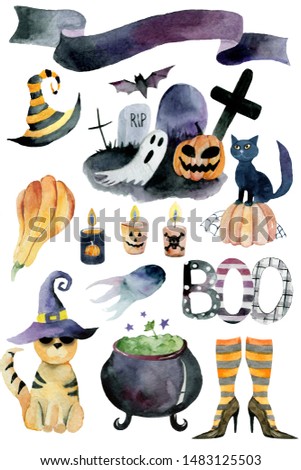 Set of hand-drawn elements painted in watercolor.Watercolor halloween collection. Artistic autumn constructor clip art. In the picture: witch shoes, striped socks, pumpkin, candle, potion, pumpkin