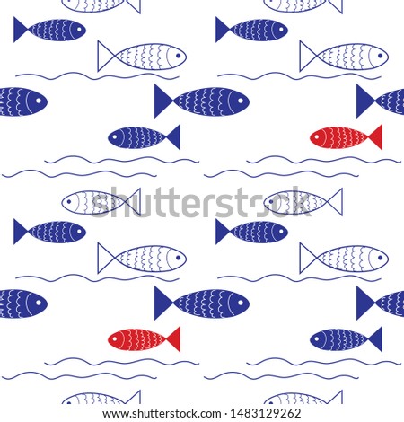 Seamless pattern with abstract blue, white and red fish on a white background. Marine background. Vector illustration.