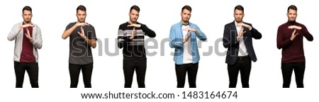 set of handsome man making time out gesture
