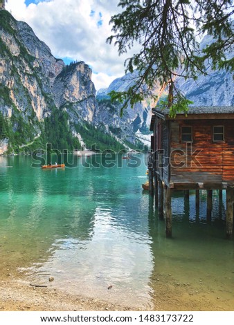 Beautiful nature at Lago di Braies, lake Braies, Italy