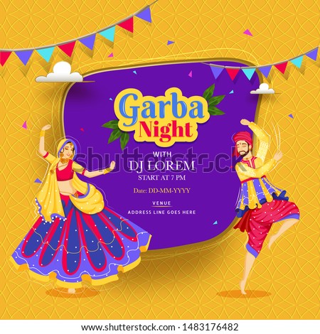 Creative Garba Night poster or invitation card design with couple dancing on abstract bakground and event detail. Royalty-Free Stock Photo #1483176482