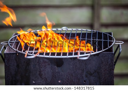 Flames grilling a steak on the BBQ