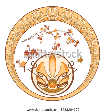 art nouveau style fall season nature circle frame with autumn maple tree branch and elegant vector decorative elements