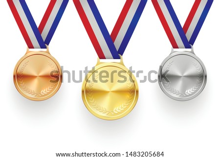 Gold, silver and bronze medals on ribbons realistic illustrations set. Sports competition first, second and third place awards isolated cliparts pack. Championship reward. Contest achievement, victory Royalty-Free Stock Photo #1483205684