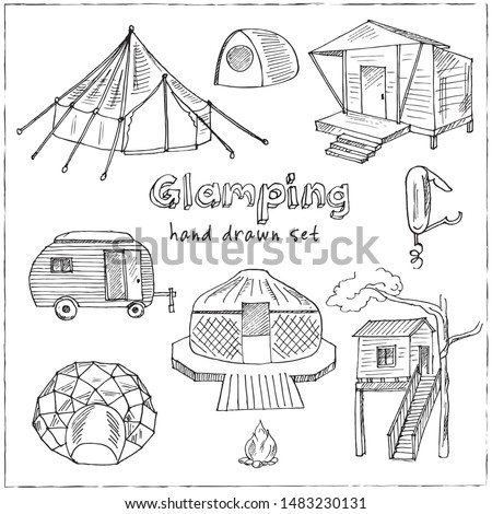 Glamping hand drawn doodle set. Vector illustration. Isolated elements on white background. Symbol collection.