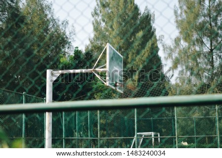 A basketball ring in the field, full of tall green trees