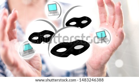 Cyber attack concept between hands of a woman in background