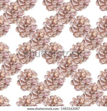 Pine cone seamless pattern Watercolor background. Hand drawn illustration. Grey colorful clip art on white background