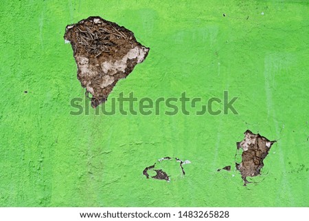 Cracks on the green walls of houses built with clay.