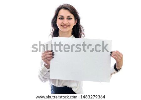 Woman with sheet of paper isolated on white