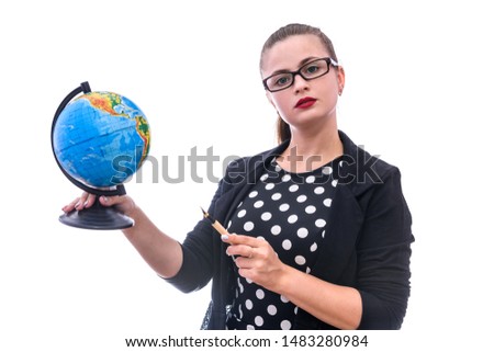 Woman in suit holding globe isolated on white