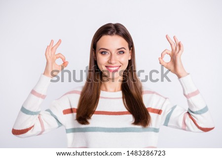 Close up photo of nice lady showing okey symbol wear striped fluffy pullover isolated white background