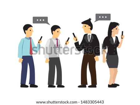 Businesspeople ignore each other and holding mobile in hands. Concept of technology addiction or bad habit. Flat isolated vector illustration.