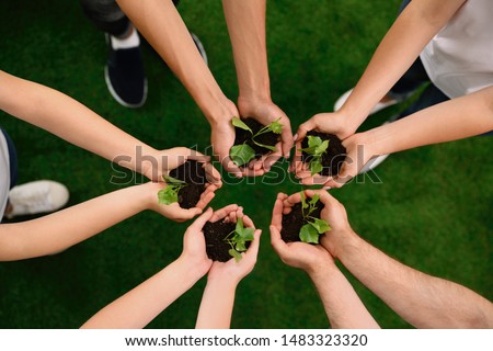 Group of volunteers holding soil with sprouts in hands outdoors, top view Royalty-Free Stock Photo #1483323320