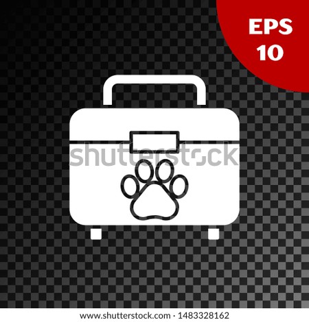 White Pet first aid kit icon isolated on transparent dark background. Dog or cat paw print. Clinic box.  Vector Illustration