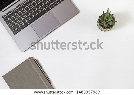 Online education or business concept. Work space flat lay. Desktop with laptop, copybook, pen and small plant. Top view. Copy space. 