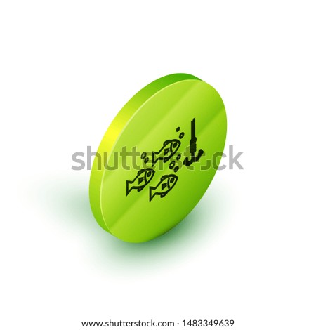 Isometric line Fishing hook under water with fish icon isolated on white background. Fishing tackle. Green circle button. Vector Illustration