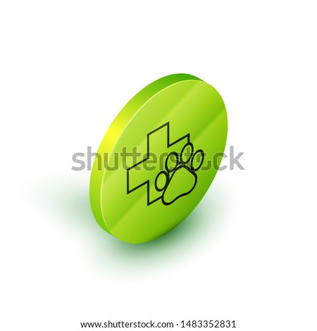 Isometric line Veterinary clinic symbol icon isolated on white background. Cross hospital sign. A stylized paw print dog or cat. Pet First Aid sign. Green circle button. Vector Illustration