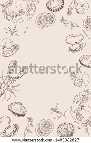 Vector set with hand drawn seafood illustration.