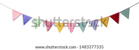 Paper party flags for decoration and covering on white background. Royalty-Free Stock Photo #1483377335