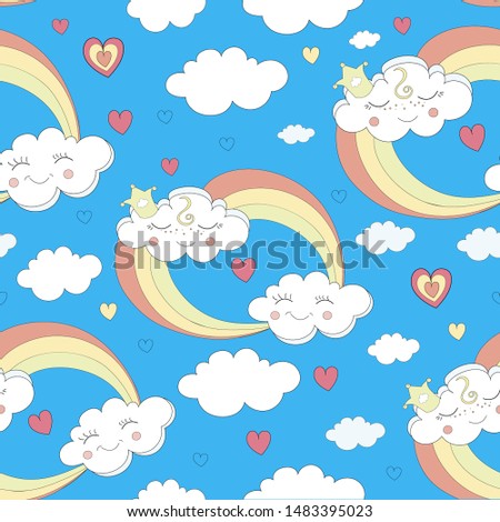 Rainbows and two  clouds,sweet kids graphics for t-shirts.Cartoon Vector Illustration, Pink Sky Background for Kid.