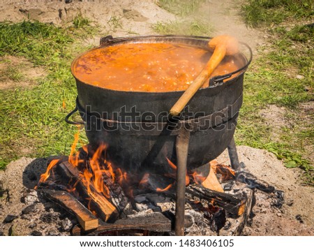 Gulyas Stew Boiling in a Cauldron with Wood Fire