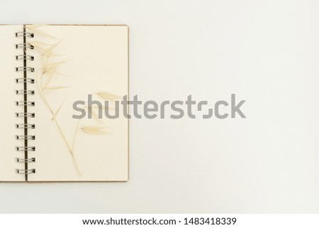 Workspace with blank notebook and dried flowers. Stylish office desk. Autumn or Winter concept. Flat lay, top view. Blogger or freelancer decktop