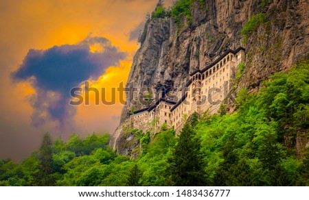 Sumela Monastery in Trabzon, Turkey. Greek Orthodox Monastery of Sumela was founded in the 4th century. Royalty-Free Stock Photo #1483436777