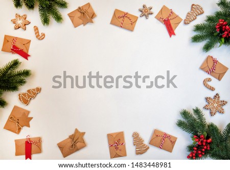 Christmas frame made of fir branches and vintage decorations. Festive decor, winter holidays theme. Happy New Year. Flat lay, copy space.