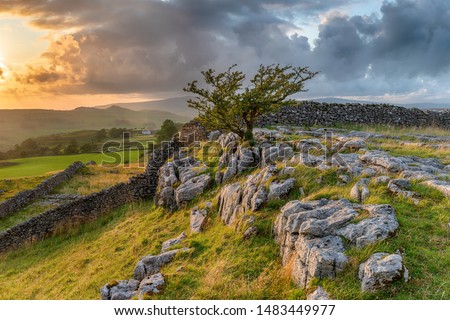 Stormy sunset over a small limestone pavement at the Winskill Stones near Settle in the Yorkshire Dales Royalty-Free Stock Photo #1483449977