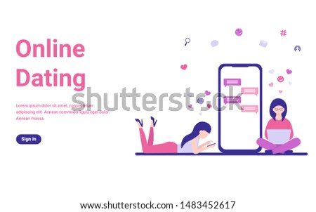 Two young girl chatting with each other on phone application. Flat concept vector illustration for web page, website, banner.