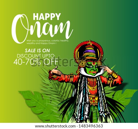 illustration of colorful Kathakali dancer and snakeboat race in Onam celebration on background for Happy Onam festival of South India Kerala