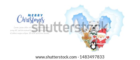 Merry Christmas.Cute polar bear , reindeer , penguin  and Santa, standing on snow  . Holiday background. Christmas greeting card , Christmas banner and background .  paper cut and craft style .