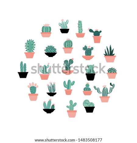 Circle composition with succulents in hand drawn scandinavian style. Set of house plants. Poster, banner, greeting card, print isolated elements. Vector color illustration on white background