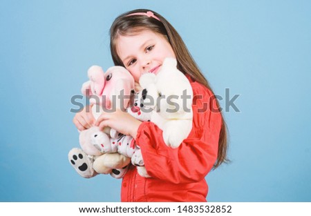 My funny friend. happy childhood. Birthday. little girl playing game in playroom. small girl with soft bear toy. child psychology hugging a teddy bear. toy shop. childrens day. Best friend.