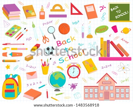 Vector set of multicolour school supplies and stationery. Bundle of accessories for lessons, items for education of smart pupils and students isolated on white background.