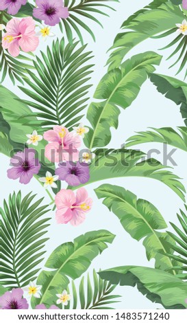 Exotic green seamless vector pattern with palm, banana and hibiscus flowers. Summer botanical backgrioud. Trendy summer print.