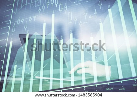 Double exposure of businessman's hands withcup of coffee with stock market graph background. Concept of research and trading.