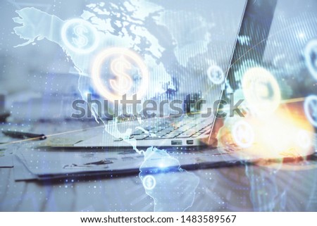 Forex Chart hologram on table with computer background. Double exposure. Concept of financial markets.