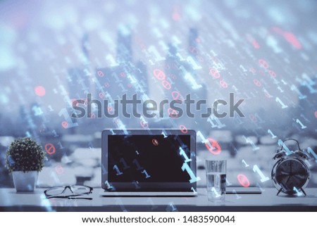 Multi exposure of table with computer on background and data theme drawing. Concept of innovation.