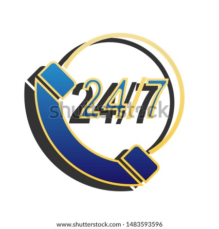 Support 24 hours sign. Blue icon with gold contour with dark gray shadow at white background. Illustration.