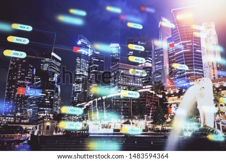 Data theme hologram drawing on city view with skyscrapers background multi exposure. Ai concept.
