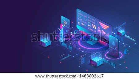 The woman interacting with the statistical analysis and diagram. Data analysis in isometric vector design. Network mainframe infrastructure website layout. Data visualization concept. Trends 3D vector Royalty-Free Stock Photo #1483602617