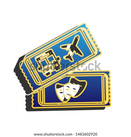 Two tickets for transport and theater sign. Blue icon with gold contour with dark gray shadow at white background. Illustration.