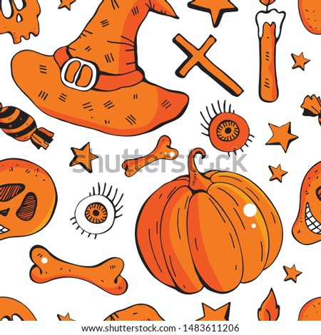 Vector seamless background for happy Halloween. Background of pumpkin, sweets, skull, candle, eye. Design for textile, paper, Wallpaper, packaging, banner, greeting card, invitation. Holiday
